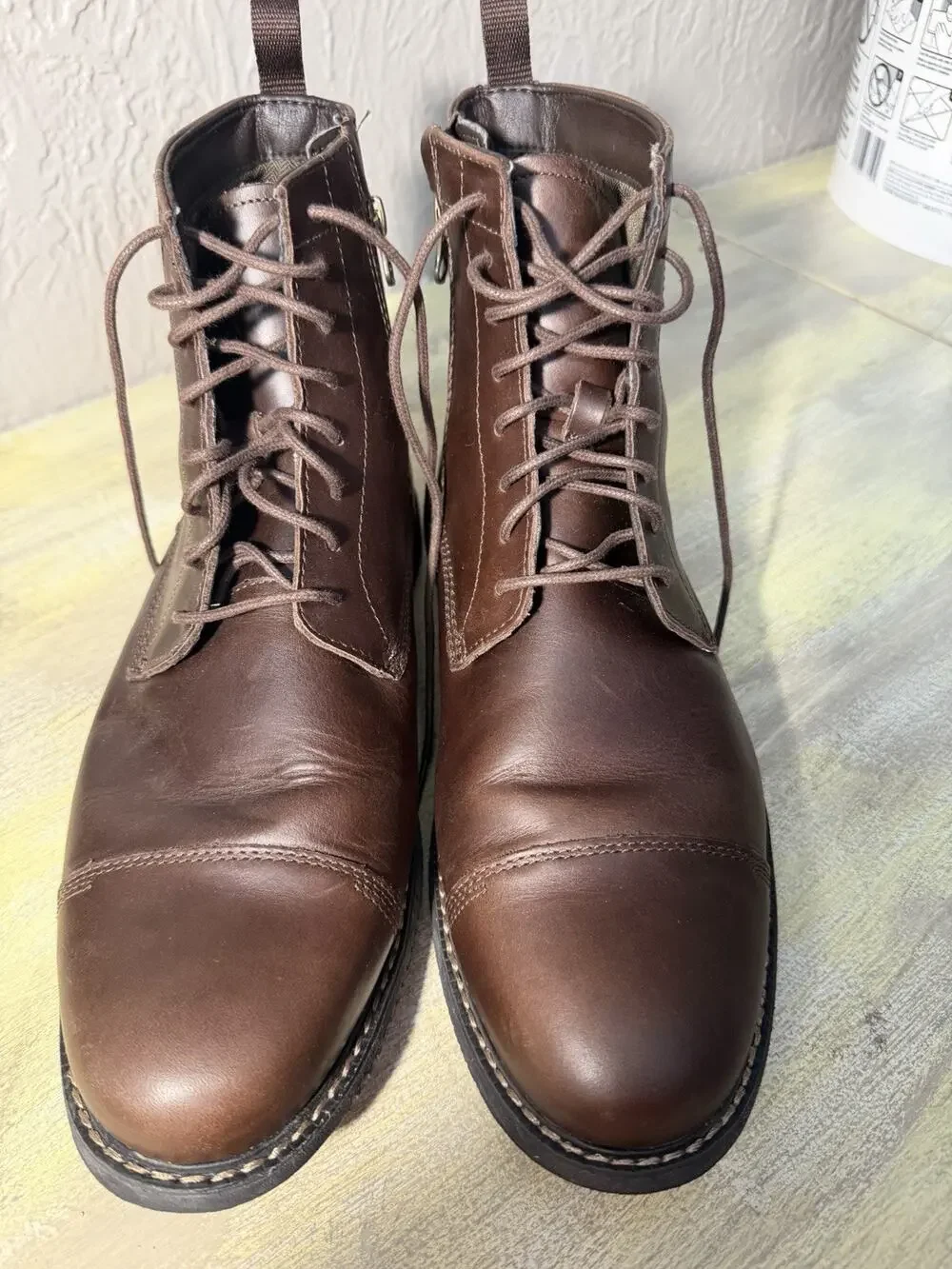 These Are A Pair of Men's Timberlandbrown Leather Cap-toe Lace-up Boots.